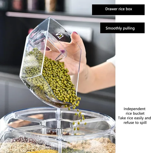 Vista 6 de Juego de 3 recipientes de almacenamiento de arroz y granos, plástico duradero y libre, dispensador giratorio de 360 grados con tapa extraíble