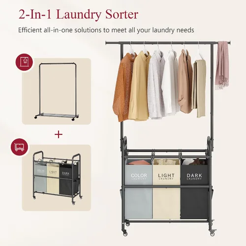 Vista 3 de Tajsoon Carrito Clasificador de Lavandería con Perchero para Colgar Ropa, Organizador de 3 Cestas Clasificadoras Butler, Carrito Cesto de Lavandería