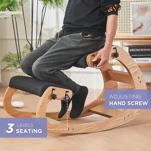 Vista 4 de Silla ergonómica, mecedora ajustable para oficina en casa, silla de oficina de madera para aliviar el dolor de espalda, color negro