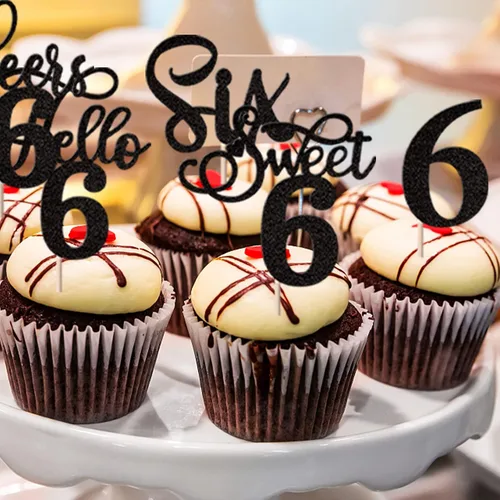 Vista 5 de Rsstarxi Paquete de 30 adornos para cupcakes de 6º cumpleaños con purpurina negra de seis Hello 6 para cupcakes Cheers to 6 años de edad