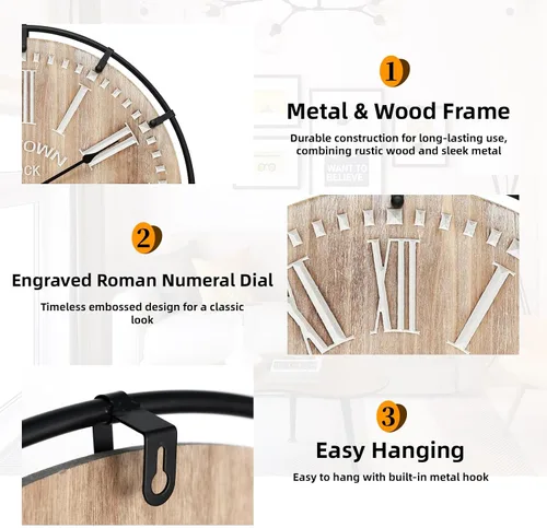 Vista 3 de Reloj de pared grande de granja, reloj de pared de madera rústica de 24 pulgadas decorativo con círculo de metal y números grabados, funciona