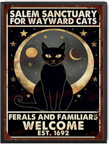 Vista 13 de Letrero de metal de hojalata Salem Sanctuary para gatos Wayward Ferals and Familiars, letrero de metal de hojalata para hombre, decoración de pub, 8