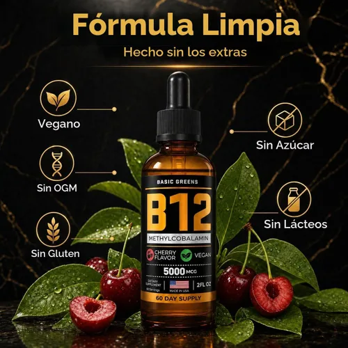 Vista 7 de B12 Liquid Drops Sublingual 5000 mcg Metilcobalamina, cereza vegana 2 Fl Oz