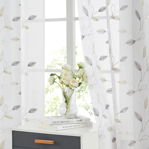 Vista 11 de Bujasso - Cortinas de hojas transparentes de 63 pulgadas, bordadas con flores, estilo granja, cortinas con filtro de luz para ventana, patrón Dorado
