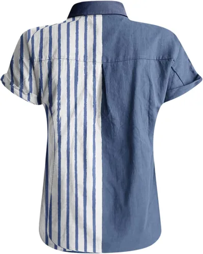 Vista 6 de Camisa de manga corta con cuello abierto para mujer, con múltiples botones, blusa casual de lino y algodón para verano