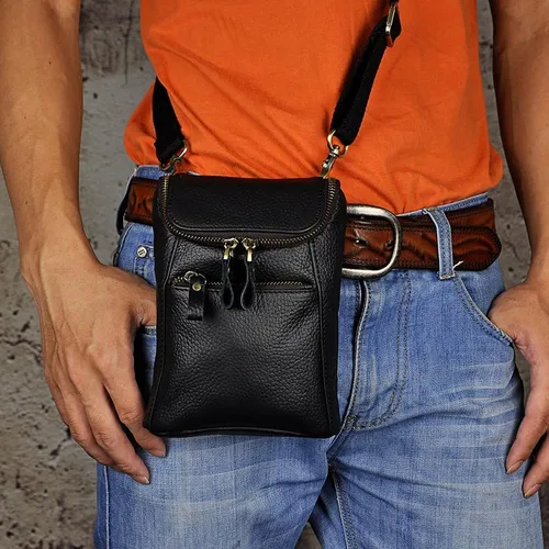 Vista 3 de Mini bolso de mensajero de cuero genuino para hombre, bolso de hombro con gancho en la cintura, bolsa multiusos Daypack caja de regalo