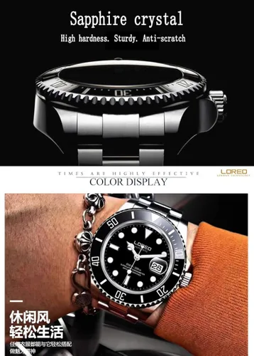 Vista 7 de LOREO Reloj automático para hombre de acero inoxidable plateado con bisel giratorio negro