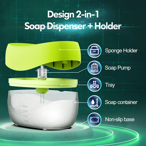 Vista 5 de Dispensador de jabón para platos con soporte de esponja para fregadero de cocina, juego de dispensador de bomba de jabón 2 en 1, útil dispensador