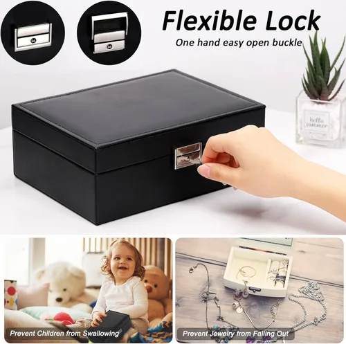 Vista 3 de SIMBOOM Joyero para mujeres y niñas, organizador de joyas de 2 capas con cerradura, estuche de almacenamiento de joyas con bandeja extraíble