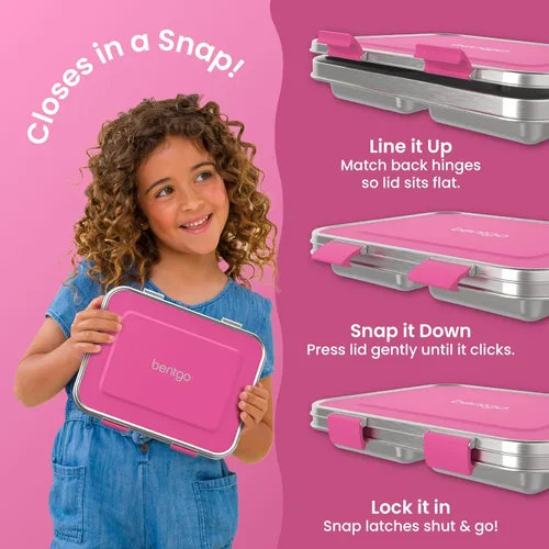 Vista 4 de Bentgo Fiambrera de acero inoxidable para niños, resistente a fugas, 3 Fucsia