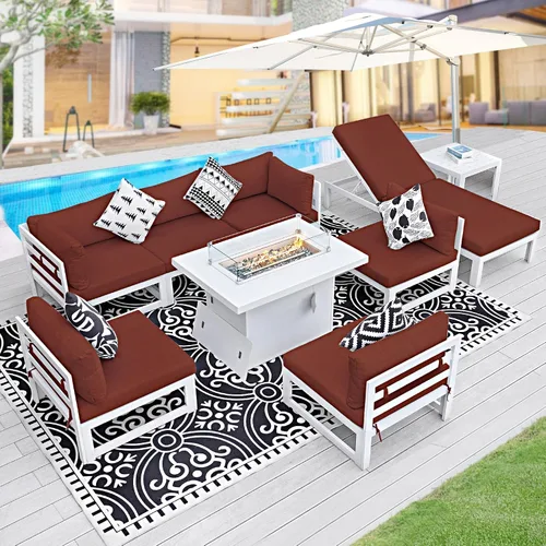 Vista 64 de BULEXYARD - Sofá modular de aluminio para exteriores con mesa para fogata, 7 piezas, color verde azulado