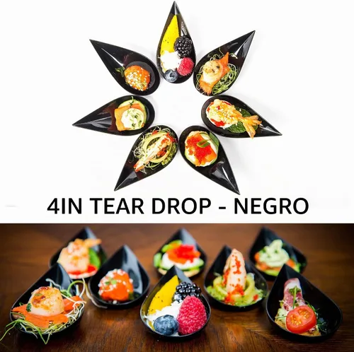 Vista 4 de 100 platos mini de aperitivo en forma de gota de 4 pulgadas, cucharas reutilizables de plástico negro - Platos para servir postres y aperitivos