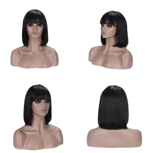Vista 4 de Rebasar Peluca corta Bob con flequillo pelucas de cabello humano de 8 Negro
