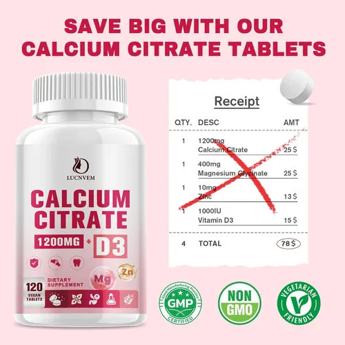 Vista 3 de Citrato de calcio de 1200 mg con suplemento de vitamina D3 para mujeres y hombres, calcio y magnesio zinc D3 para la salud de los músculos óseos