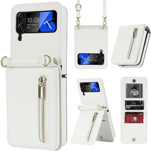 Vista 15 de Funda de lujo con cremallera para Samsung Galaxy Z Flip 3, con función atril, tarjetero ajustable, correa cruzada ajustable, funda con tapa a