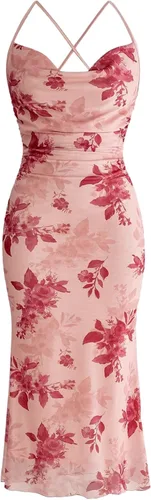 Vista 21 de SOLY HUX Vestido de malla floral para mujer, vestido largo para cóctel Estampado floral multicolor.