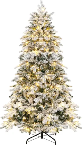 Vista 32 de HAPPYGRILL - Árbol de Navidad artificial preiluminado de 2.1 m, árbol de Navidad con nieve flocada y 320 luces LED multicolor, 8 modos de Snow Pe