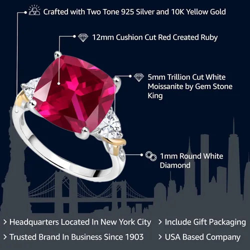 Vista 2 de Gem Stone King Anillo de plata 925 y amarillo rojo rubí creado moissanita y diamantes para mujer