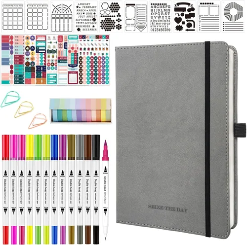 Vista 8 de Y&I - Kit de diario de viñetas punteadas de tapa dura A5 con 200 páginas, papel grueso de 120 GSM, plantillas, calcomanías, bolígrafos, cintas