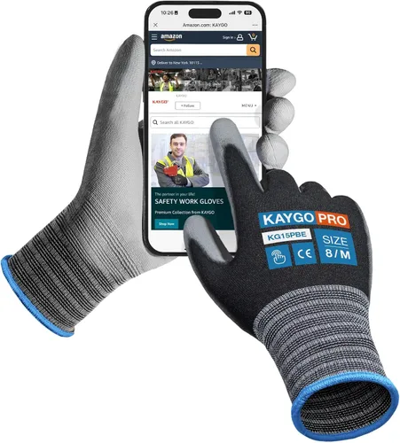 Vista 21 de KAYGO Guantes de trabajo con revestimiento de poliuretano 12 pares, KG15P, forro de nailon con revestimiento de poliuretano flexible, guantes