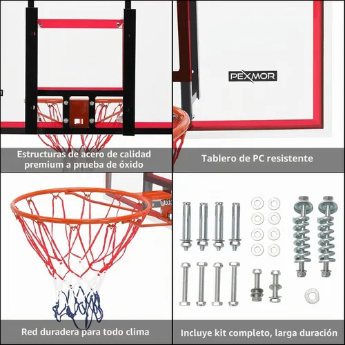 Vista 5 de PEXMOR Juego combinado de baloncesto de 43.3 x 29.5 pulgadas, aros de tablero y borde de portería, tablero de policarbonato inastillable, marco