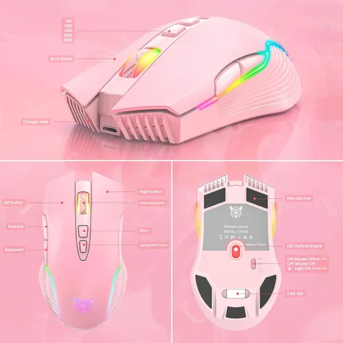 Vista 6 de SIMGAL Ratón inalámbrico RGB para juegos, rosa, recargable, diseño ergonómico, DPI ajustable, compatible con Windows, Mac