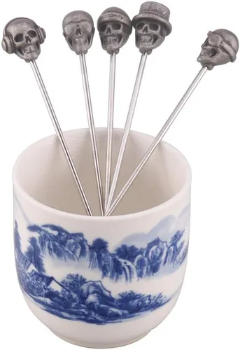 Vista 4 de 5 palillos de cóctel de acero inoxidable con diseño de calavera, púas de martini, reutilizables, color plateado antiguo