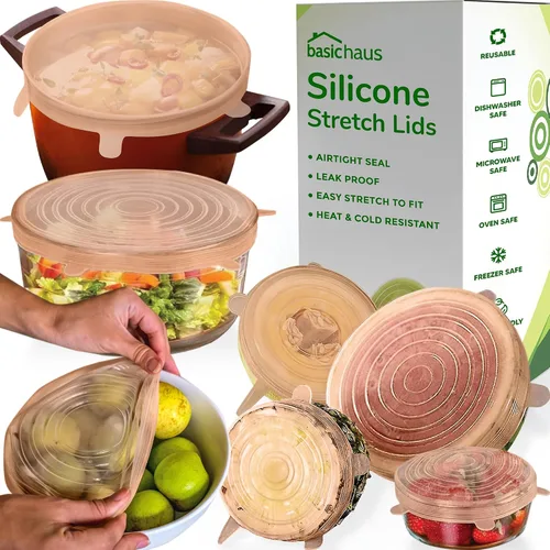 Vista 9 de Tapas de silicona para almacenamiento de alimentos - Paquete de 5 - 5 tamaños - Grado alimentario - Cubiertas de silicona reutilizables
