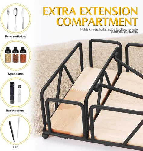 Vista 4 de Servilleteros para servilletas de papel, servilletero plano con base de madera, cesta de servilletas de acero inoxidable negro para cocina, fiesta