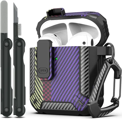 Vista 32 de RFUNGUANGO Funda para AirPod de 2ª generación con kit de limpieza, armadura protectora de carcasa dura militar con bloqueo para funda de carga