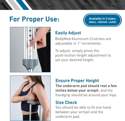 Vista 2 de BodyMed Muletas de aluminio para adultos y niños - Par de muletas ligeras y ajustables en altura - Incluye cojines acolchados para las axilas