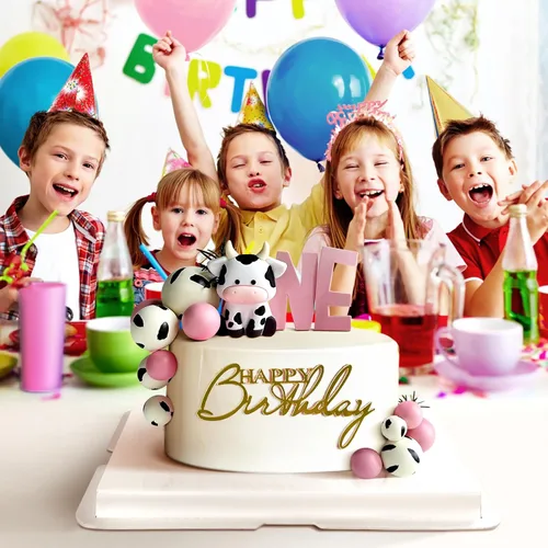 Vista 7 de Decoración de pastel de vaca, 14 bolas de vaca para decoración de pasteles Decoración acrílica dorada para tartas de cumpleaños con temática