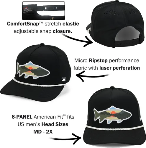 Vista 33 de Paramount Outdoors Sombrero de pesca de trucha al atardecer, diseño de silueta de pez de montaña, sombrero para exteriores con cómodo Snapback