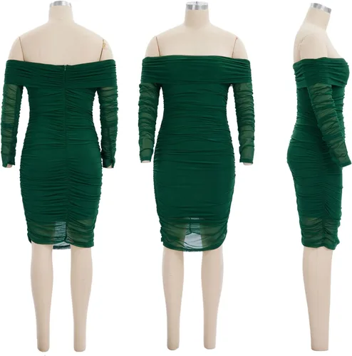 Vista 4 de Uni Clau Vestido midi sexy de manga larga con hombros descubiertos y malla transparente para mujer, vestido entallado y brillante para fiesta, club
