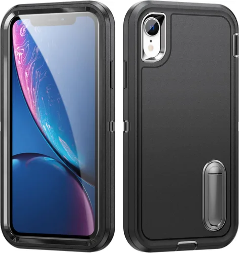 Vista 3 de IDweel Funda para iPhone XR, color negro para iPhone XR con soporte para hombres, protección resistente a prueba de golpes, antiarañazos, ajuste