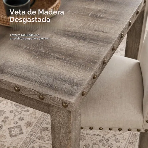Vista 5 de Morden Fort Juego de Comedor Estilo Granja para 4, Mesa Rectangular de Madera de 60" y 4 Sillas Tapizadas con Detalles de Tachuelas, Juego de Mesa