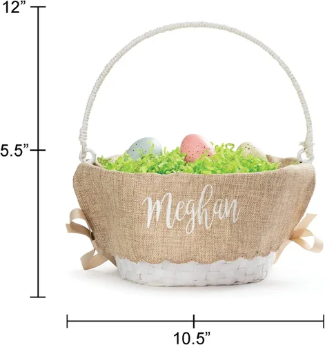 Vista 4 de Cesta de huevo de Pascua personalizada con asa y nombre personalizado en escritura blanca Forro de arpillera con borde festoneado Cestas blancas