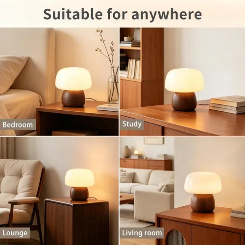 Vista 6 de Mid Century Modern Table Lamps for Bedroom Milky White Glass Mushroom Lamp