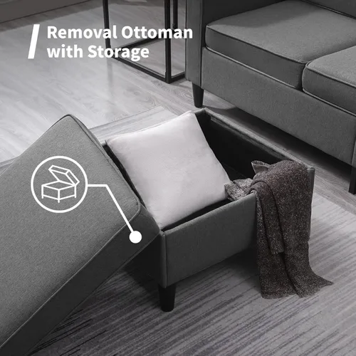 Vista 4 de Mjkone Sofá modular para sala de estar Sofá convertible de 3 plazas con 2 bolsillos laterales Sofá modular moderno con otomana de almacenamiento