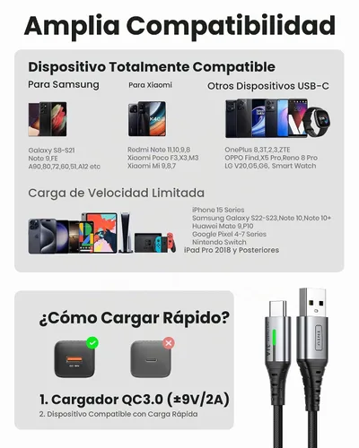Vista 6 de INIU Cable USB C, [6 unidades de 1.6/6.6/6.6 pies] 3.1A QC3.0 tipo C cargador de carga rápida, cables de carga USBC de nailon duradero para Samsung