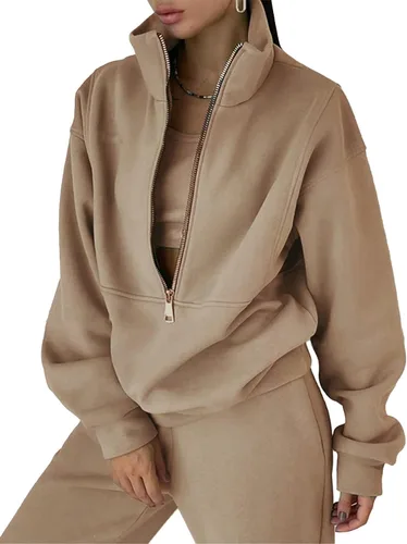 Vista 13 de PEHMEA Conjunto deportivo de 2 piezas de otoño para mujer, con forro polar, holgado, manga larga, media cremallera, cómodo conjunto de descanso