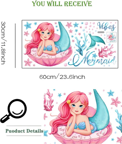 Vista 5 de Calcomanías de pared con diseño de niña sirena y plantas de agua de coral, sacinora Art, vinilo extraíble para despegar y pegar para guardería
