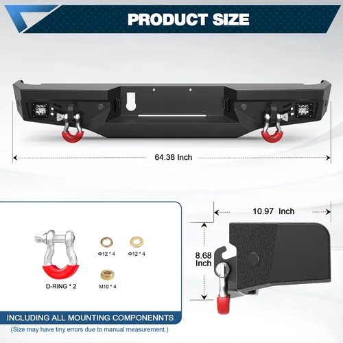 Vista 4 de Parachoques Trasero Gladiator, Parachoques Negro Texturizado con Luces LED y Agujeros para Sensores y Anillos en D, Compatible con Gladiator JT 2020