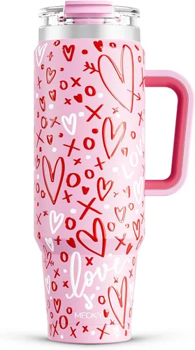 Vista 22 de Meoky Vaso de 40 onzas con asa y pajita, vaso aislado con tapa y popote, taza de viaje de acero inoxidable, mantiene el frío durante 34 horas, 100%