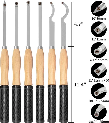 Vista 2 de Juego de herramientas de torneado de madera con punta de carburo de tamaño completo con mango de goma 6pcs Roughing and Finishing Swan Neck