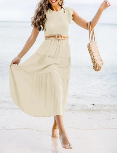 Vista 7 de ZCSIA Vestido midi casual de verano 2024 con volantes, manga corta, cuello redondo, fruncido, escalonado, acampanado, para mujer