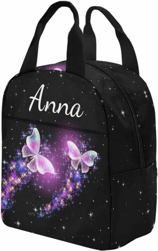 Vista 4 de InterestPrint Bolsa de almuerzo con nombre personalizado para hombres y mujeres, diseño de mariposa rosa y azul personalizada, caja de almuerzo
