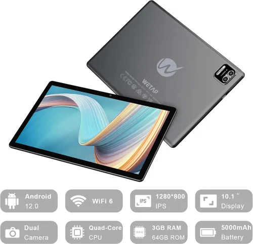 Vista 9 de WeTap Tablet Tablet Android de 10 pulgadas, tableta Android 12, 3 GB de RAM 64 GB ROM, cámara de 2 MP+8 MP, 1280 x 800 IPS, tabletas con procesador