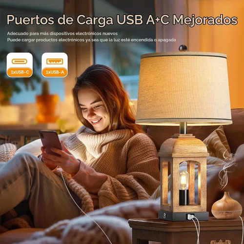 Vista 4 de QiMH Lámpara de Mesa para Sala de Estar, Juego de 2 Lámparas de Estilo Rústico con USB A+C y Luz Nocturna, Lámparas de Mesita de Noche Rústicas