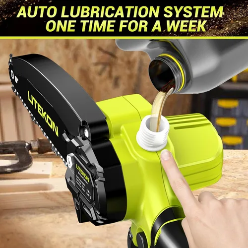 Vista 4 de Mini motosierra inalámbrica con batería de 2000 mAh y cargador rápido y 2 cadenas, la mejor motosierra eléctrica de 6 pulgadas con sistema de aceite